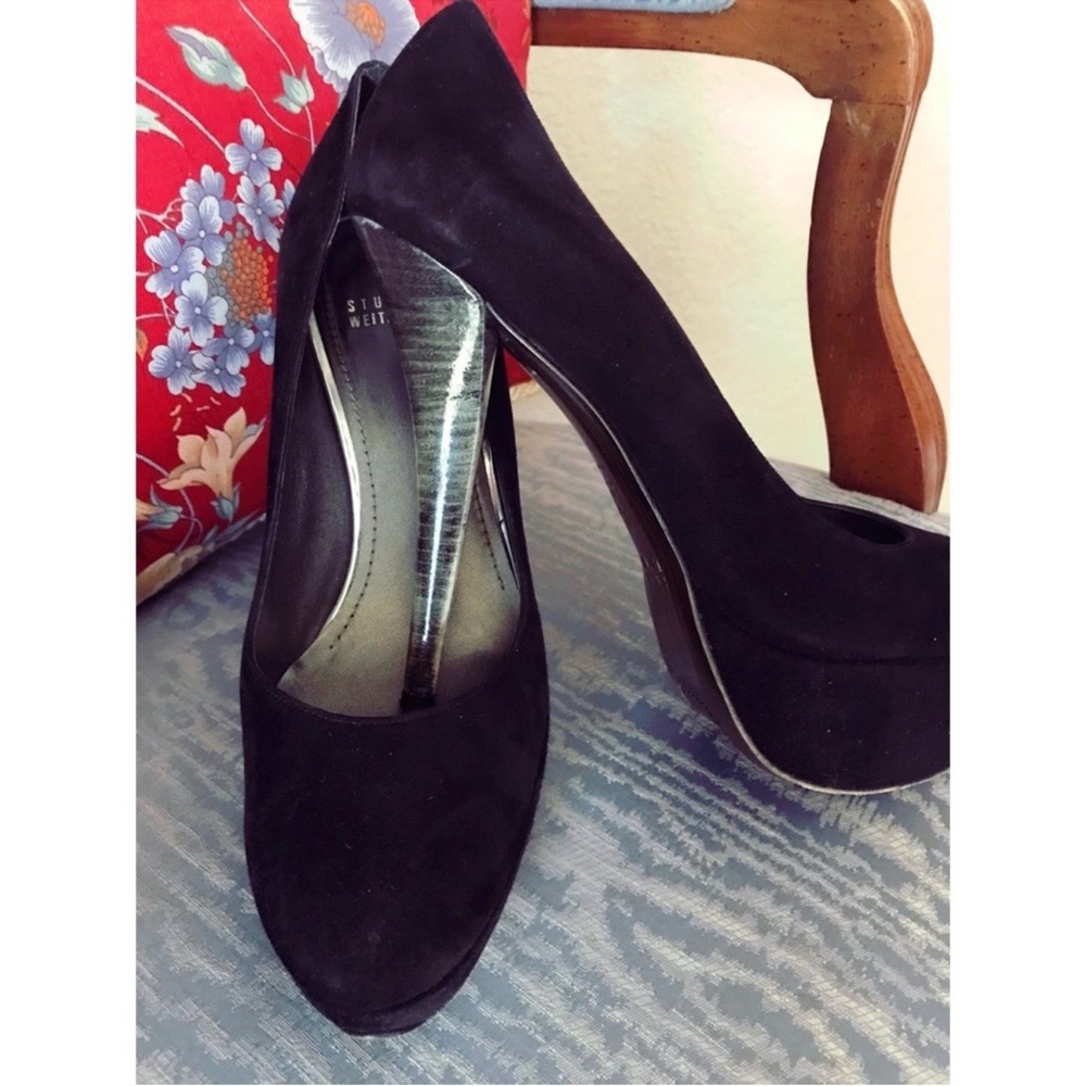Stuart Weitzman Black Suede & Green Wooden Platform Heels GORGEOUS!